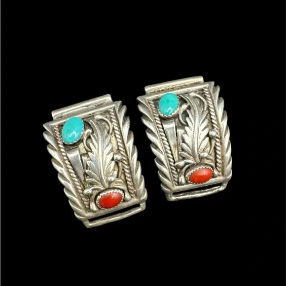 NFS ON HOLD Vintage Sterling Silver Navajo Signed Turquoise Coral Watch Tips - Picture 4 of 6